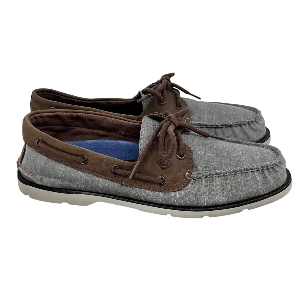 Sperry Top-Sider Boat Shoes Mens 10 Grey Brown‎ STS18767 Canvas Leather Loafers